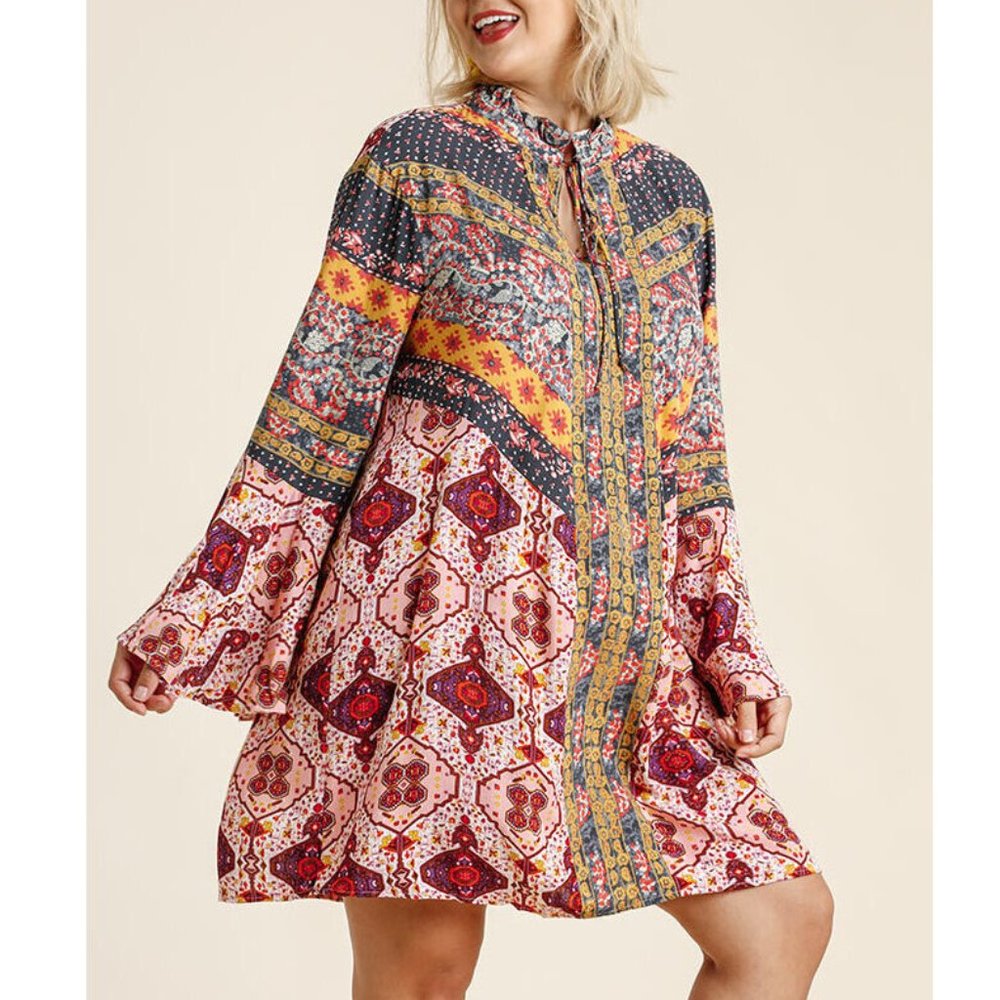 Plus Boho Gypsy Bell Sleeve Babydoll Tunic Dress - Picture 3 of 6